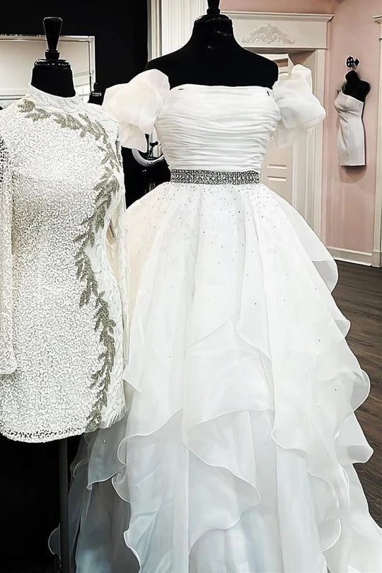 Off-the-Shoulder Puff Sleeve Multi-Layer Long Prom Dress
