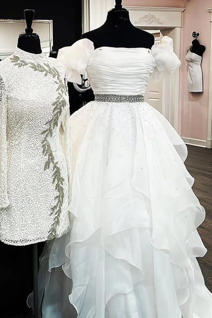 Off-the-Shoulder Puff Sleeve Multi-Layer Long Prom Dress
