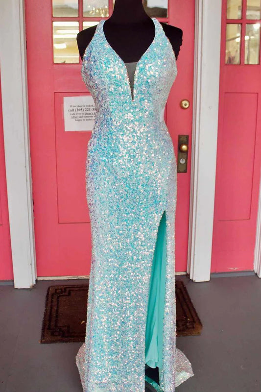 Sequin Halter Mermaid Long Formal Dress