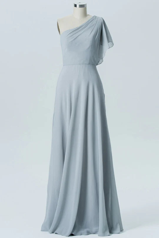 Light Grey One Sleeve One-Shoulder Long Bridesmaid Dress