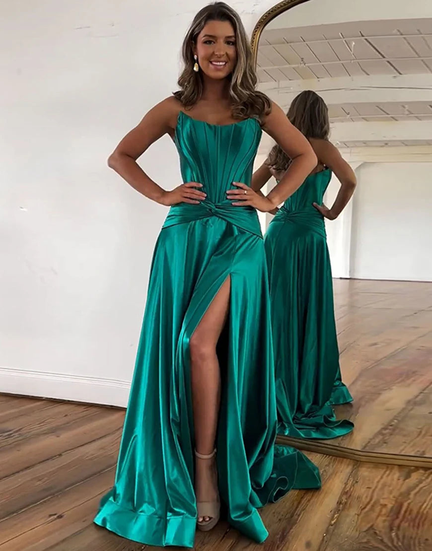 A-Line Satin Long Prom Dress with Slit