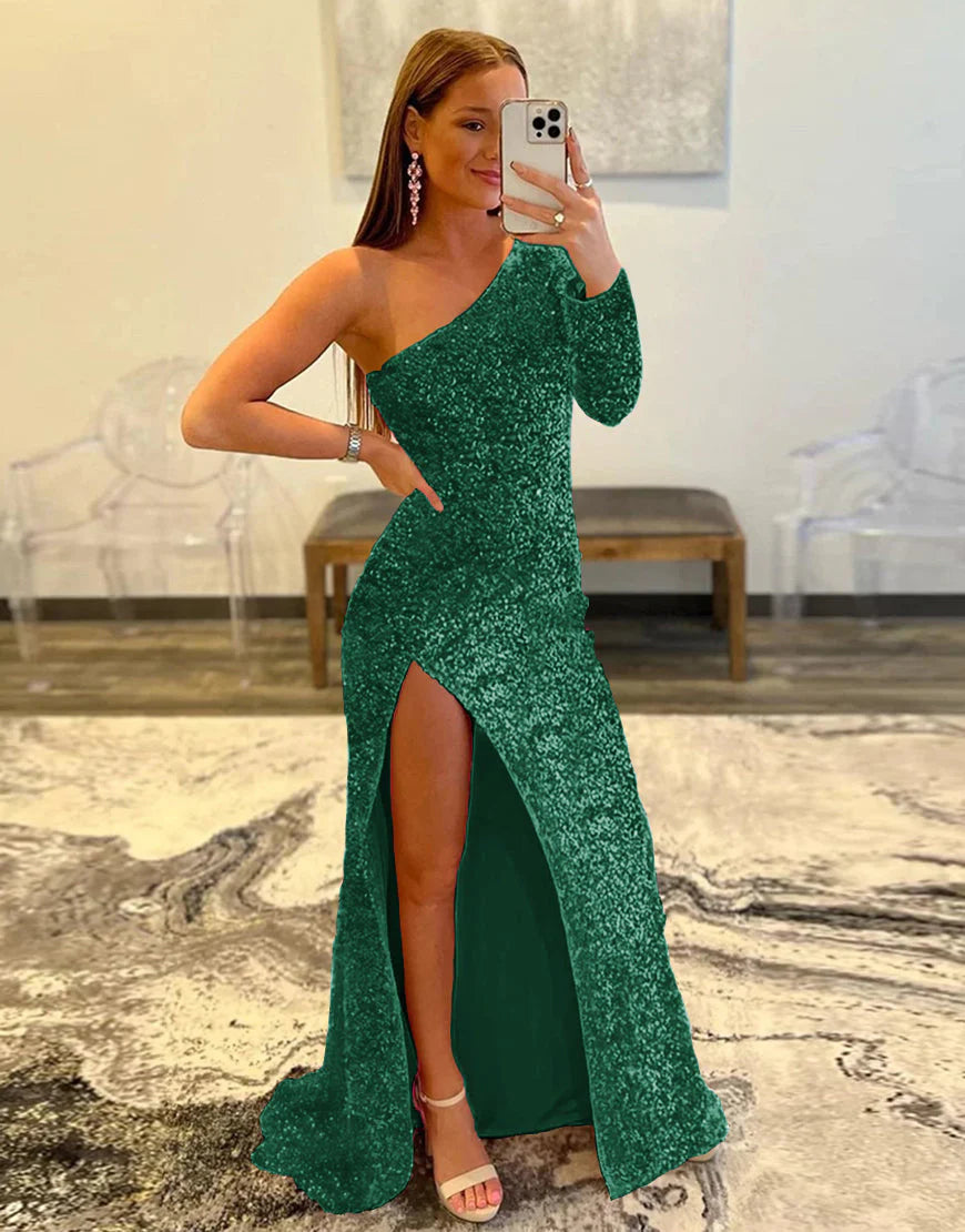 One Shoulder Sequined Prom Dress With Slit