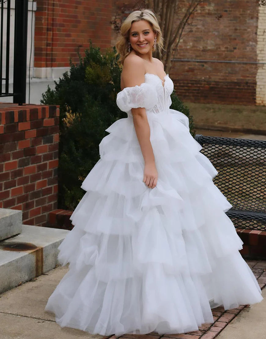 A Line Strapless Puffy Sleeves Tiered Prom Dress With Slit