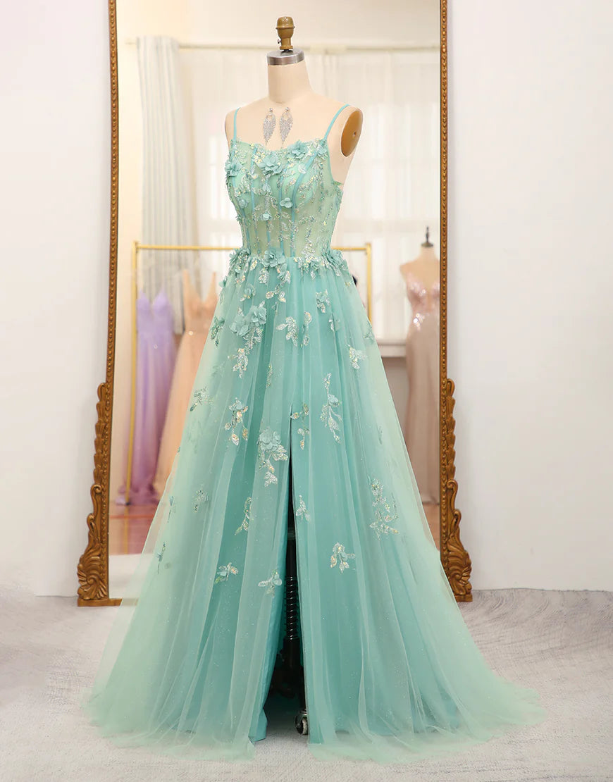 A Line Tulle Appliqued Long Prom Dress With Slit