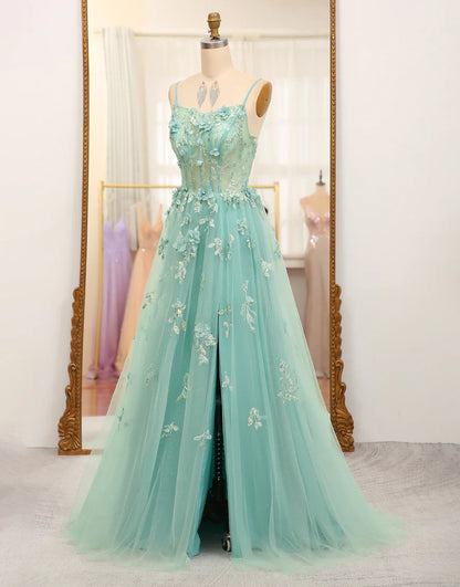A Line Tulle Appliqued Long Prom Dress With Slit