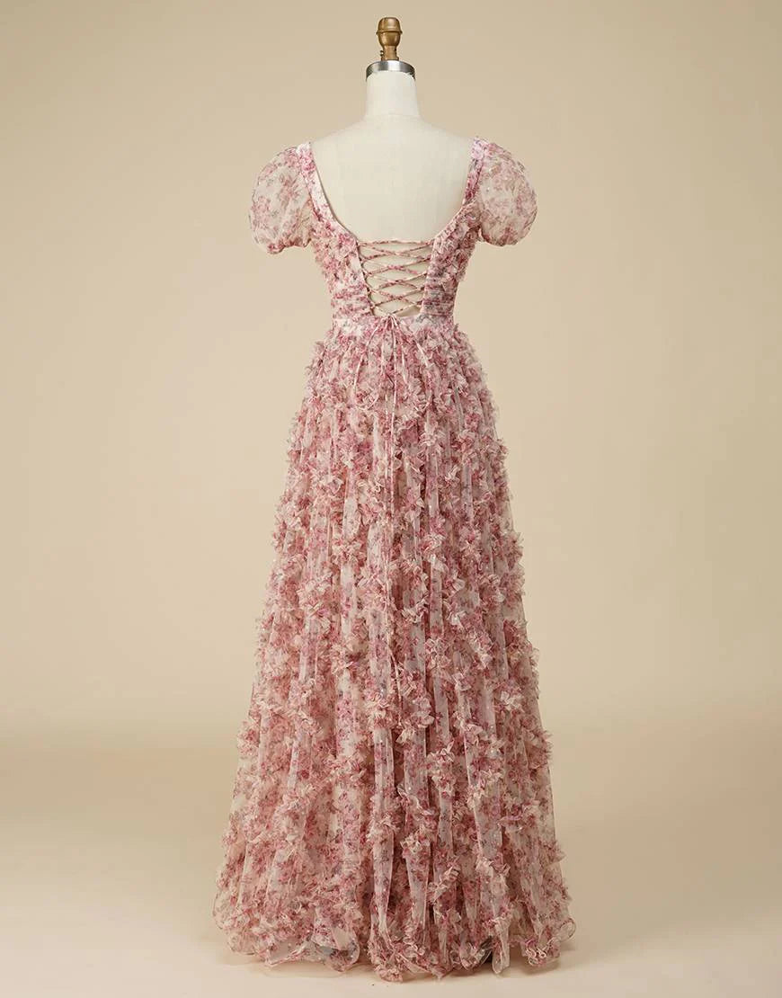 Floral Square Neck Prom Dress with Sleeves