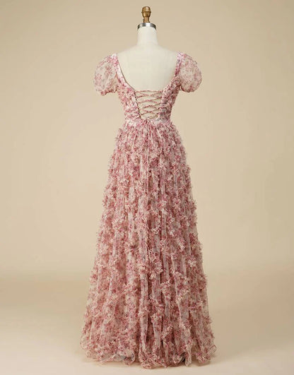 Floral Square Neck Prom Dress with Sleeves