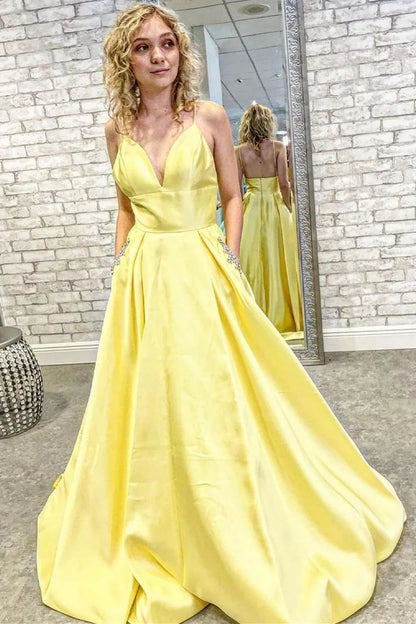 V-Neck Backless A-Line Prom Gown with Pockets