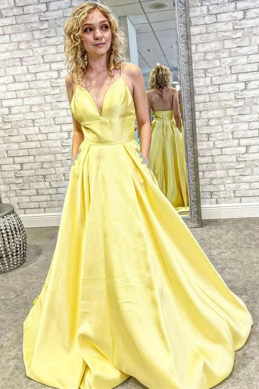 V-Neck Backless A-Line Prom Gown with Pockets