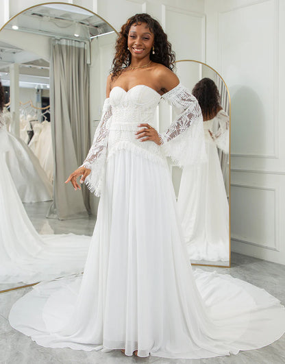 Sweetheart Detachable Flare Sleeves Boho Wedding Dress