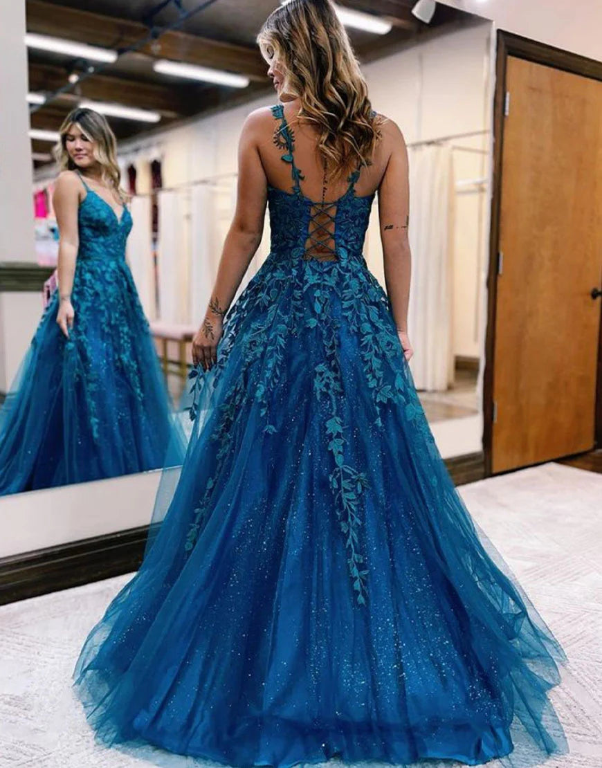 A-line Long Blue Appliques Prom Dress