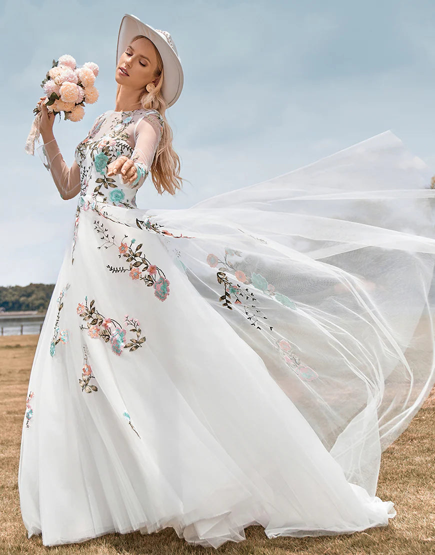Gorgeous A Line Tulle Long Sleeves Long Ivory Wedding Dress with Embroidery