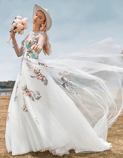 Gorgeous A Line Tulle Long Sleeves Long Ivory Wedding Dress with Embroidery