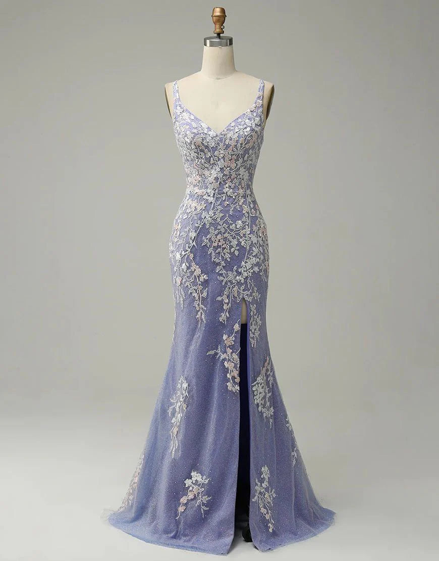 Mermaid V-neck Tulle Glitter Appliques Prom Dresses With Slit