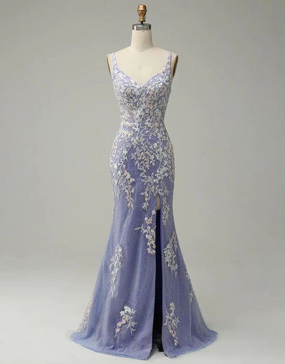 Mermaid V-neck Tulle Glitter Appliques Prom Dresses With Slit