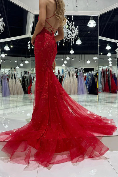Tulle Appliques Scoop Neck Lace-Up Mermaid Long Dress