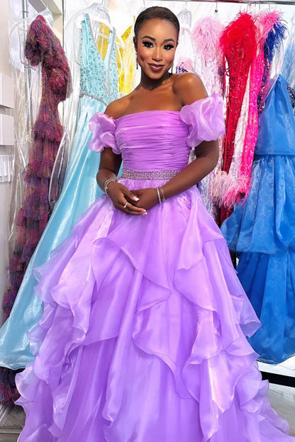 Off-the-Shoulder Puff Sleeve Multi-Layer Long Prom Dress