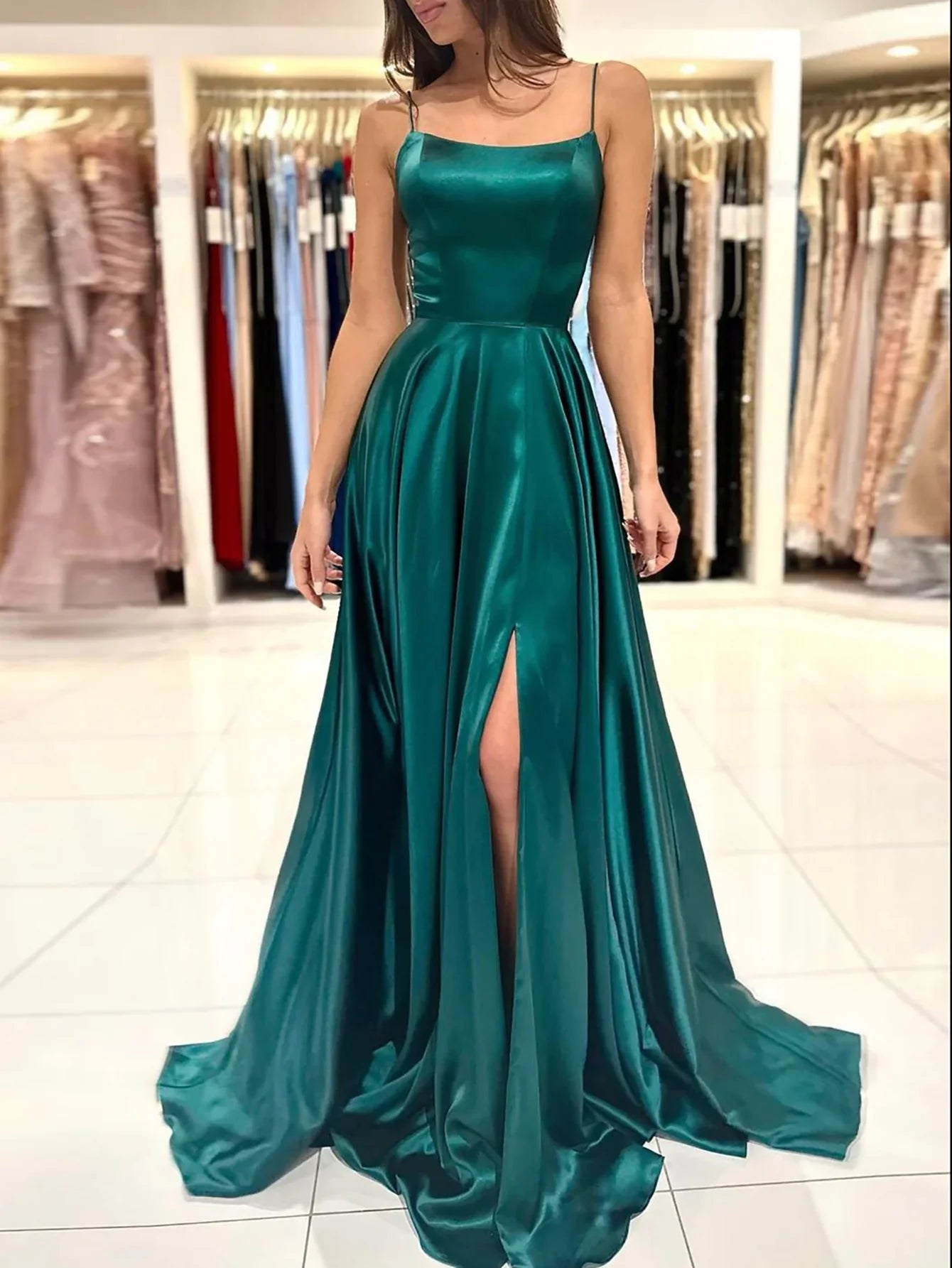 A Line Spaghetti Straps Satin Long Prom Dress