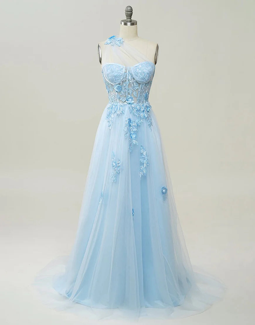 A-line Tulle Black Prom Dress with 3D Appliques