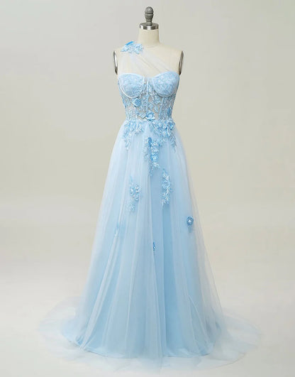 A-line Tulle Black Prom Dress with 3D Appliques