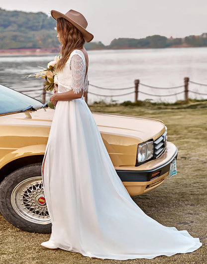 Lace Chiffon Half Sleeves Boho Wedding Dress With Slit