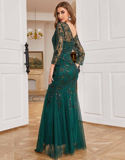 Dark Green Long Sleeves Beading Formal Evening Party Dress