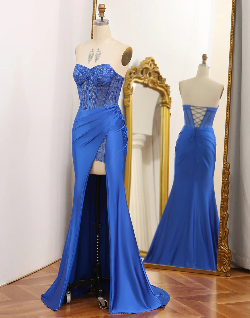 Mermaid Strapless Royal Blue Corset Prom Dress with Beading