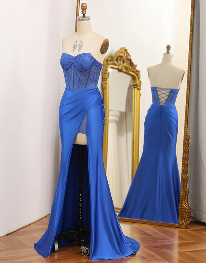 Mermaid Strapless Royal Blue Corset Prom Dress with Beading