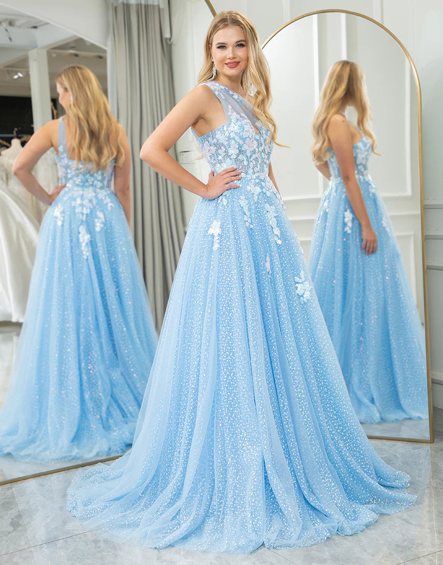 A Line One Shoulder Long Prom Dress With Appliques