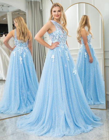 A Line One Shoulder Long Prom Dress With Appliques