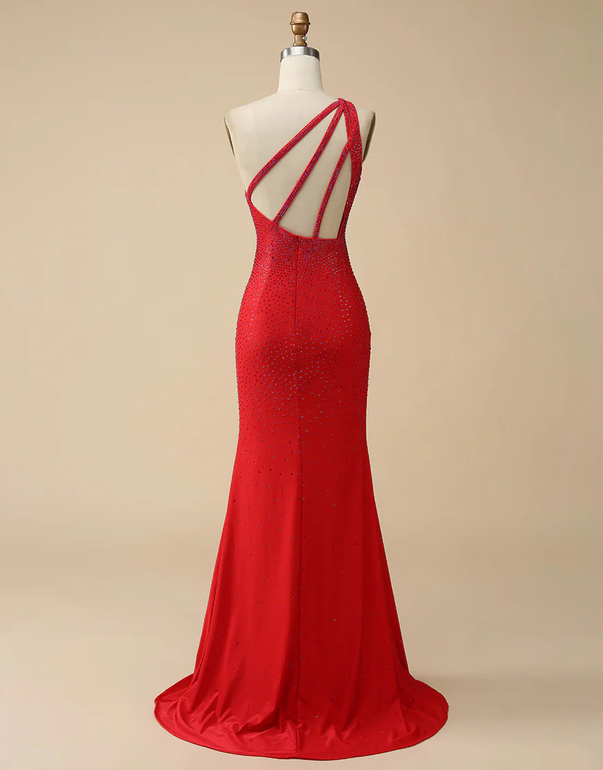 One Shoulder Beaded Mermaid Prom Dress with Split