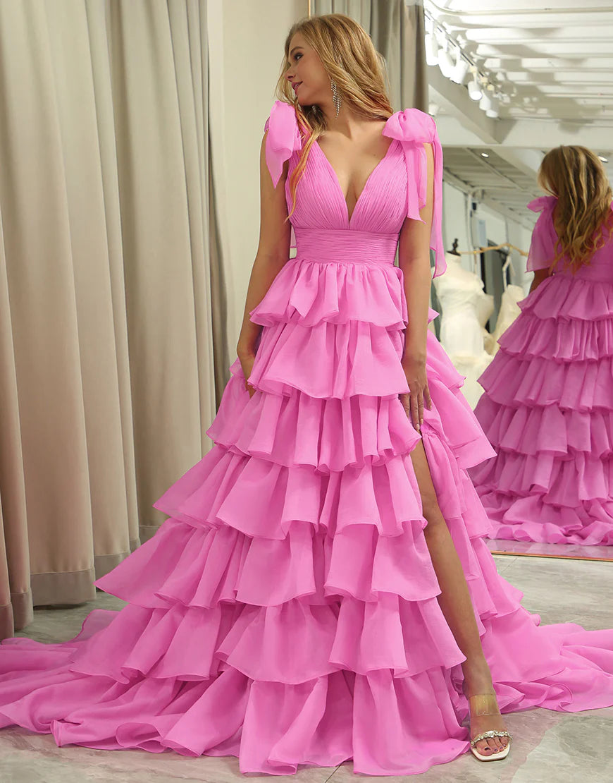 A Line V Neck Long Tiered Prom Dress
