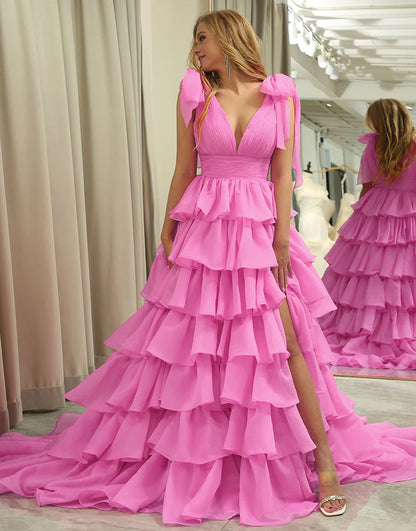A Line V Neck Long Tiered Prom Dress