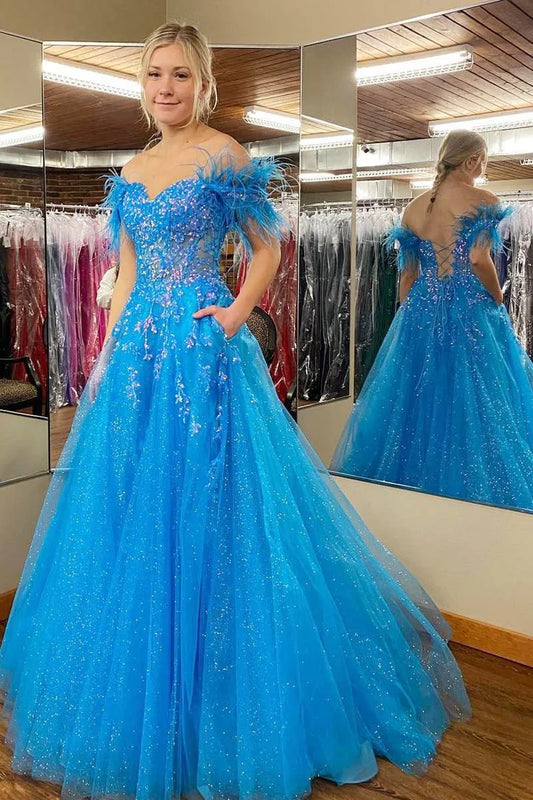 Tulle Feather Off-the-Shoulder Lace-Up A-Line Long Prom Dress