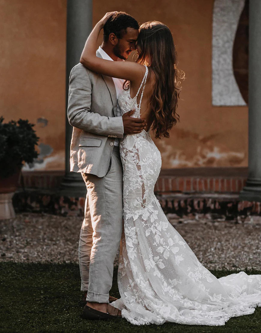 Mermaid Backless Boho Wedding Dress with V-neck