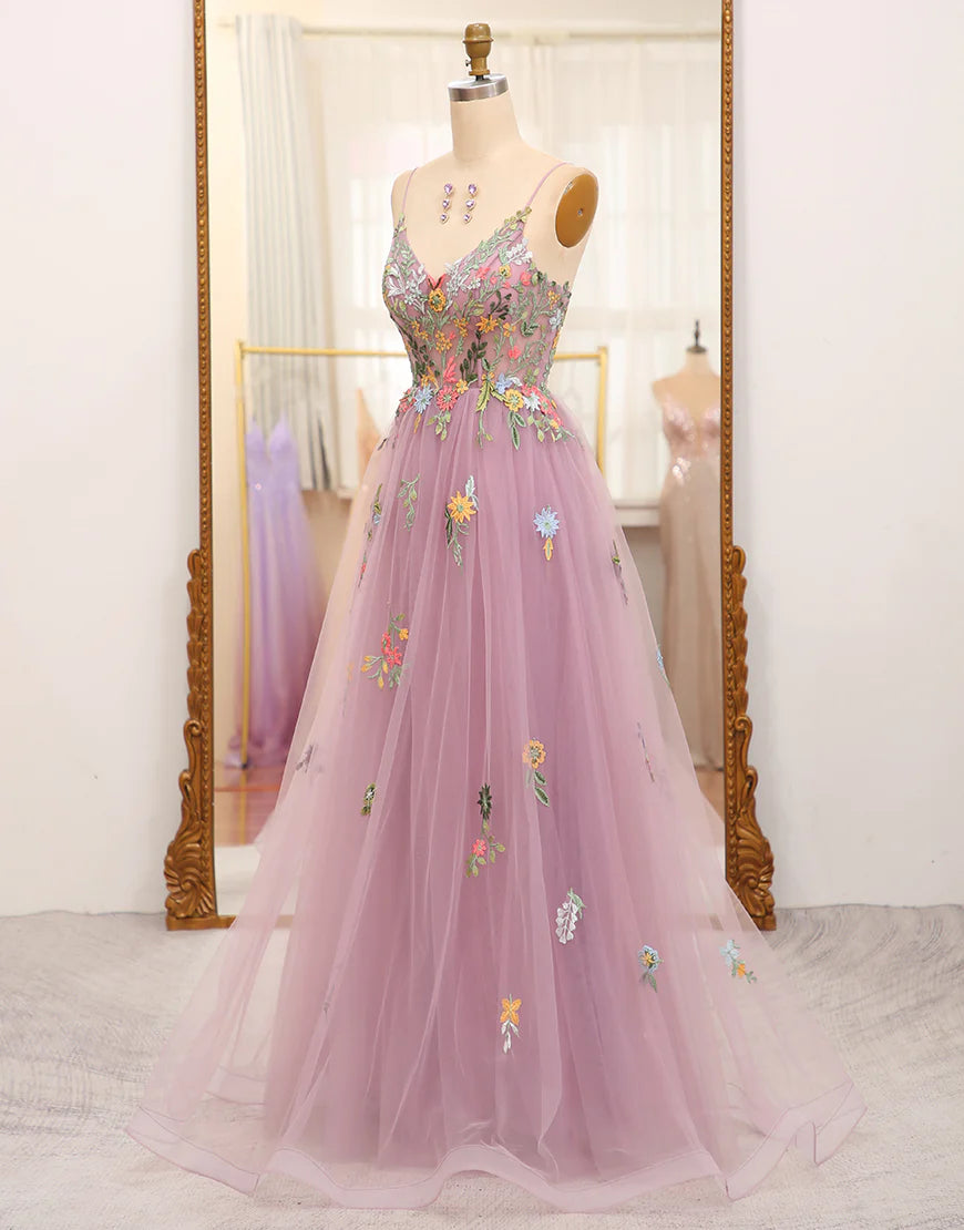 A Line Tulle Beaded Long Prom Dress With Appliques