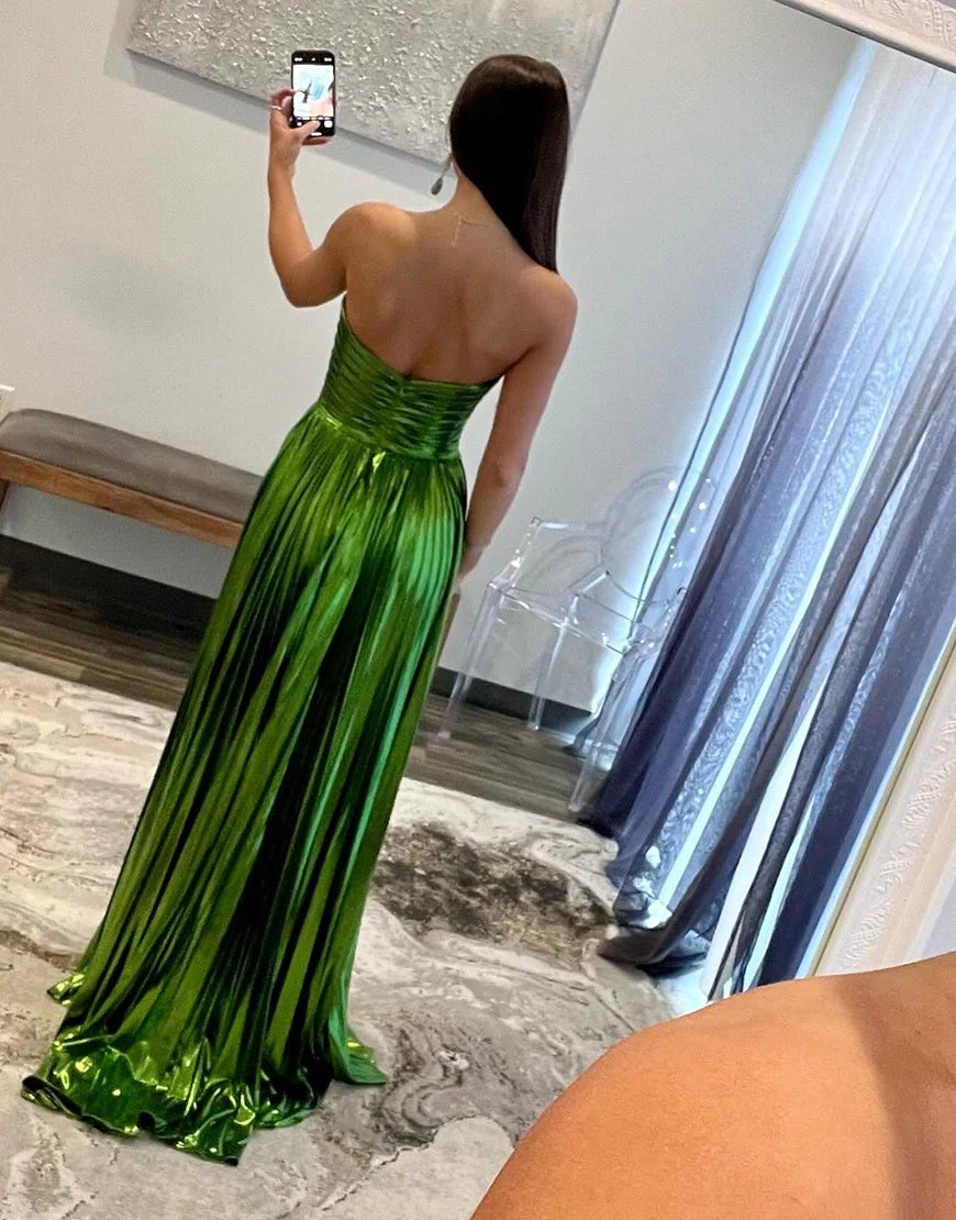 A-Line Strapless Long Pleated Prom Dresses with Slit