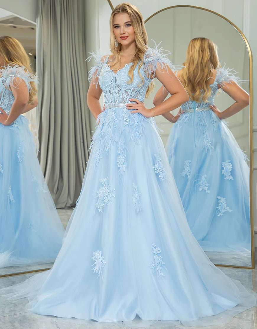 A Line Long Prom Dress With Feathers