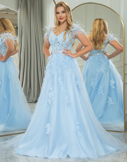 A Line Long Prom Dress With Feathers