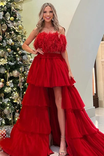 High-Low Strapless Feathers Prom Dress