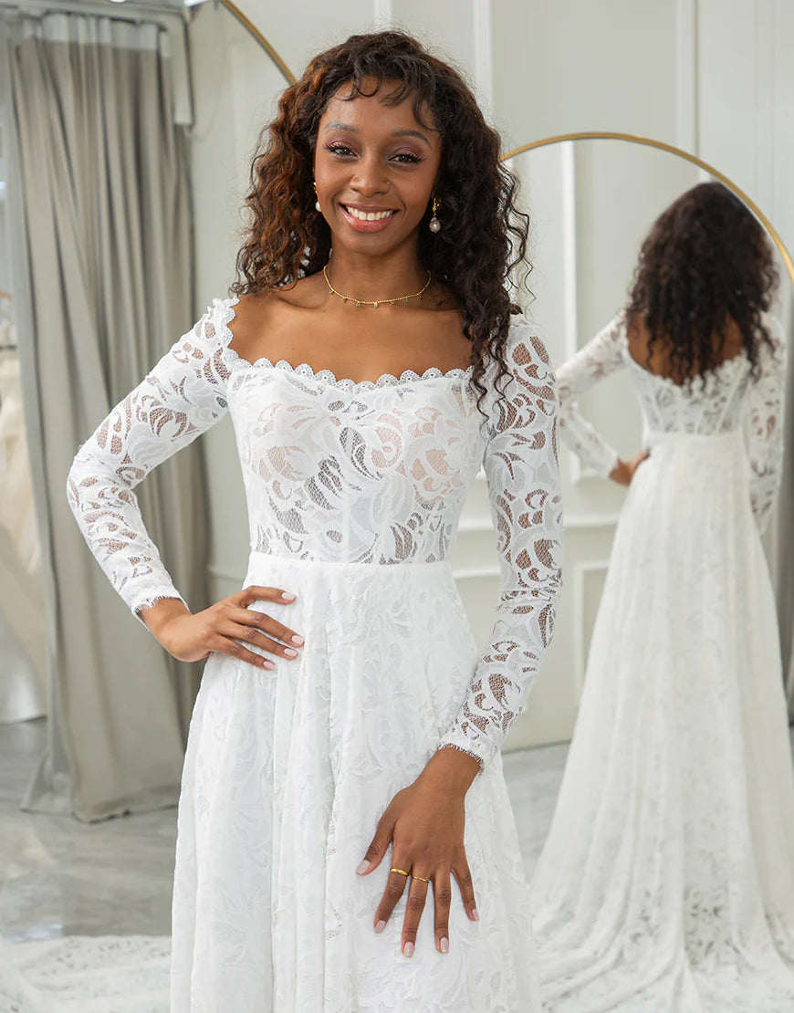 Square Neck Boho Chiffon Wedding Dress With Lace