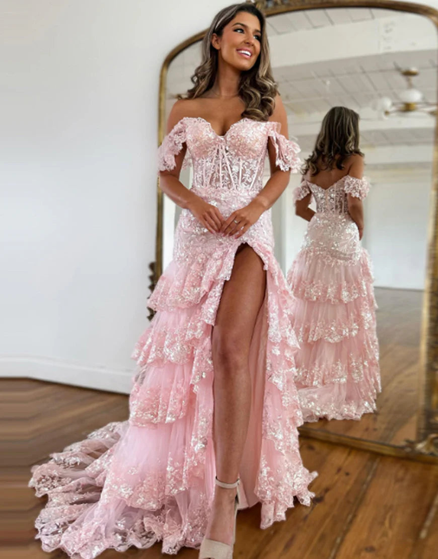 A-Line V Neck Tiered Long Prom Dress With Slit