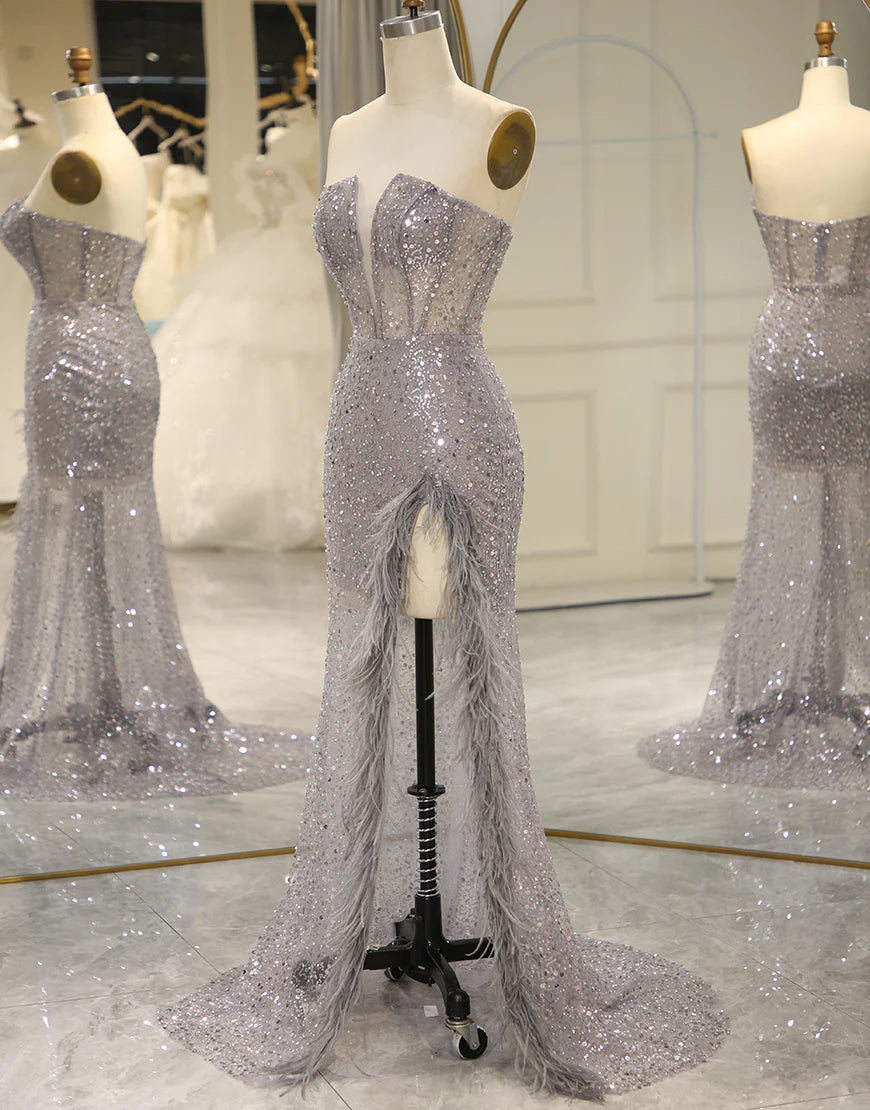 Sparkly Grey Strapless Mermaid Prom Dress With Split