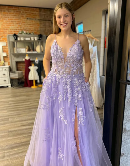 A-Line Tulle Appliques Long Prom Dress With Slit