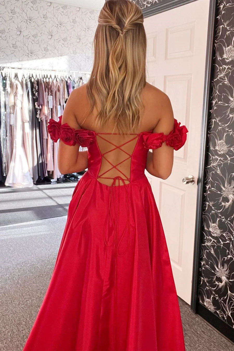 Corset A-Line Long Prom Dress with Rosette Straps