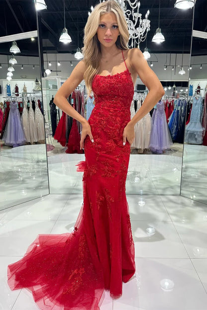 Tulle Appliques Scoop Neck Lace-Up Mermaid Long Dress