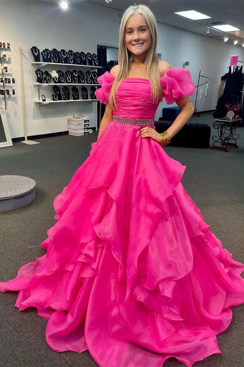 Off-the-Shoulder Puff Sleeve Multi-Layer Long Prom Dress