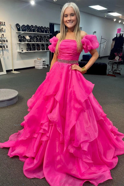 Off-the-Shoulder Puff Sleeve Multi-Layer Long Prom Dress