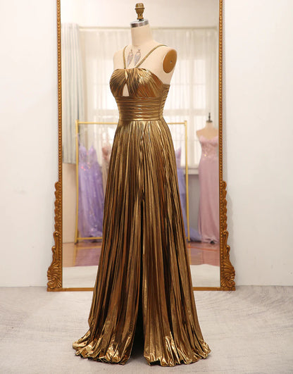 Sparkly Golden A-Line Spaghetti Straps Pleated Prom Dress with Slit