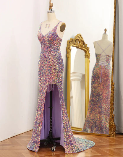 Sparkly Light Purple Lace-Up Back Sequins Long Prom Dress with Fringes